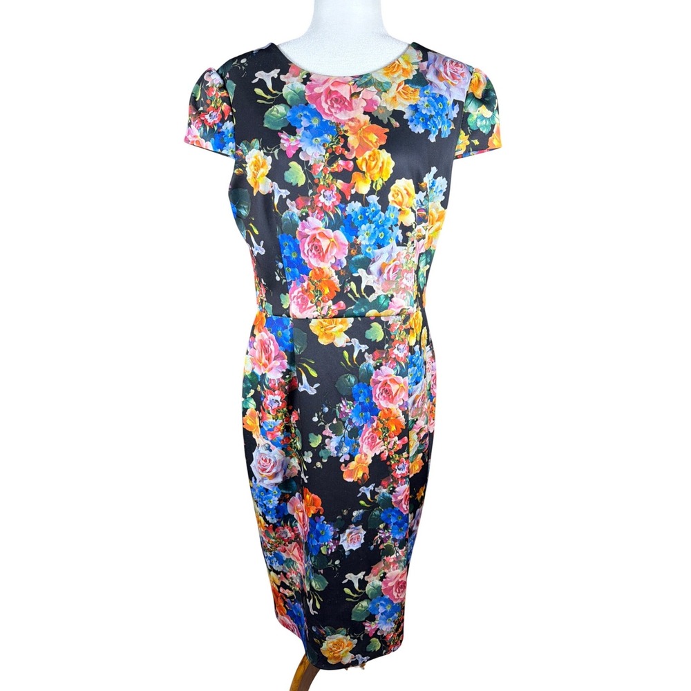 Betsey Johnson Women Black Floral Cap Sleeve Sheath Dress Size 12 Round Neck